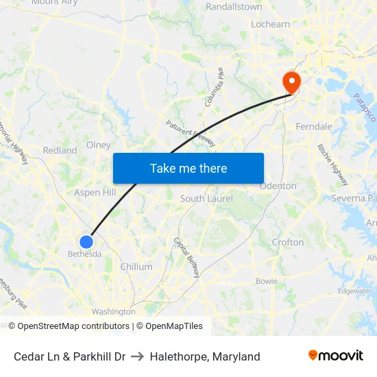 Cedar Ln & Parkhill Dr to Halethorpe, Maryland map