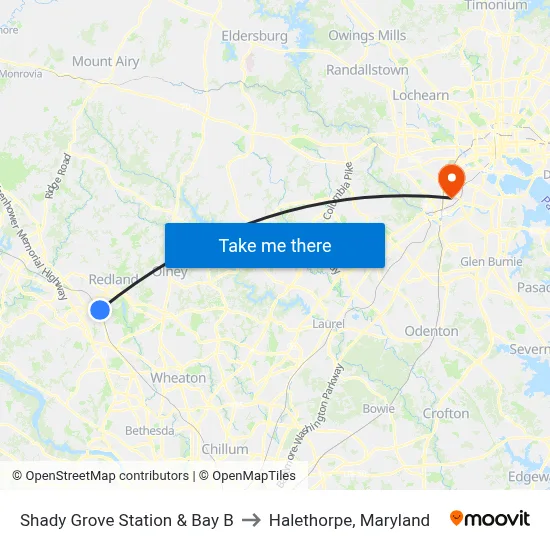 Shady Grove Station & Bay B to Halethorpe, Maryland map