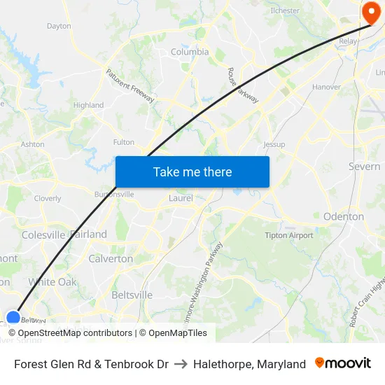 Forest Glen Rd & Tenbrook Dr to Halethorpe, Maryland map