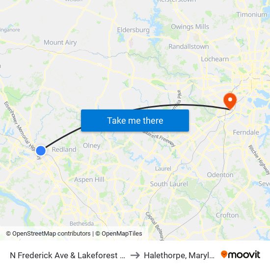 N Frederick Ave & Lakeforest Blvd to Halethorpe, Maryland map