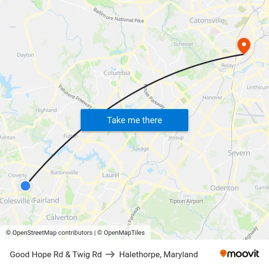 Good Hope Rd & Twig Rd to Halethorpe, Maryland map