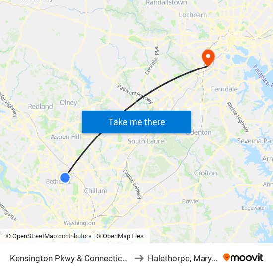 Kensington Pkwy & Connecticut Ave to Halethorpe, Maryland map