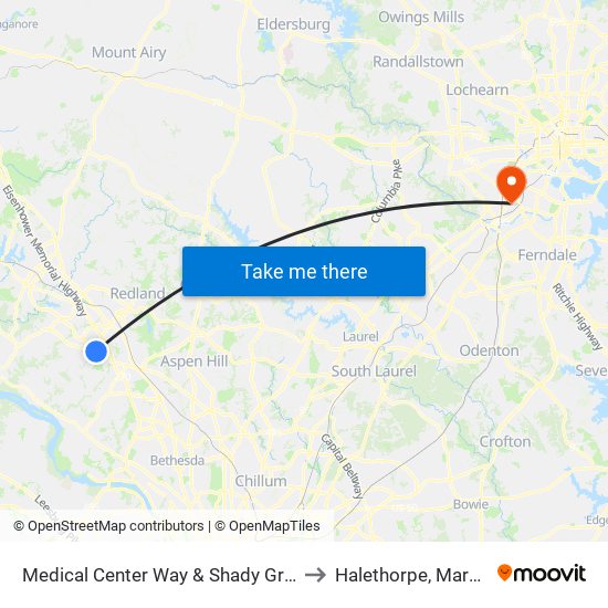 Medical Center Way & Shady Grove Rd to Halethorpe, Maryland map