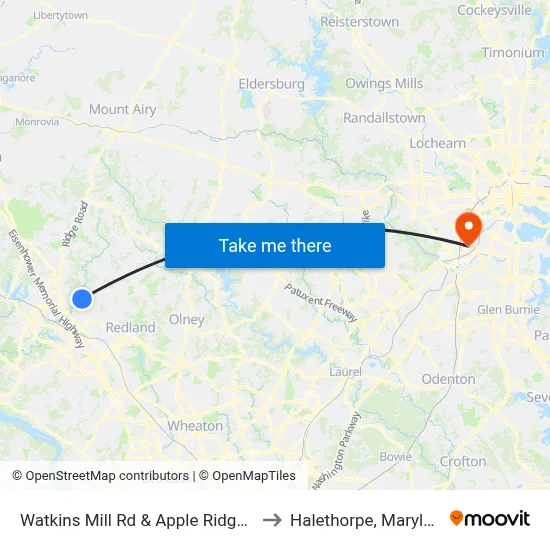 Watkins Mill Rd & Apple Ridge Rd to Halethorpe, Maryland map