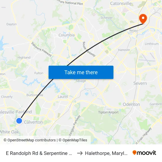 E Randolph Rd & Serpentine Way to Halethorpe, Maryland map
