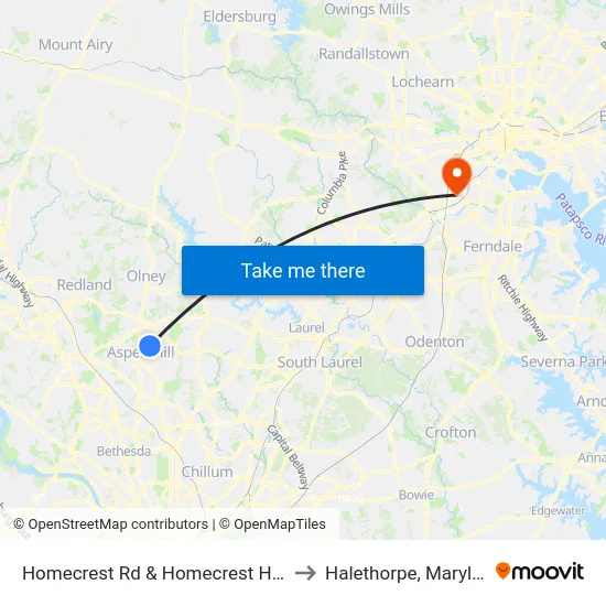 Homecrest Rd & Homecrest House to Halethorpe, Maryland map