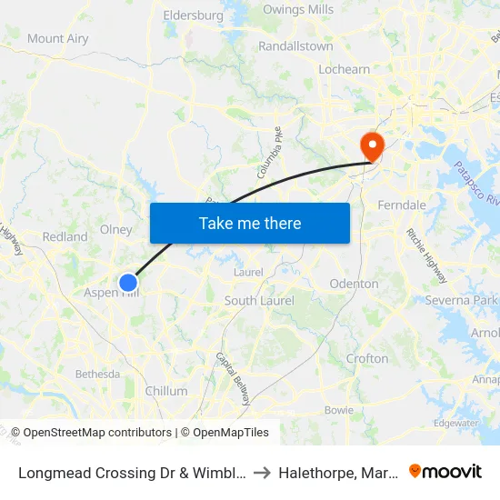 Longmead Crossing Dr & Wimbledon Dr to Halethorpe, Maryland map