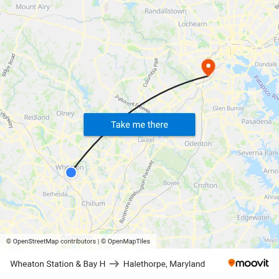 Wheaton Station & Bay H to Halethorpe, Maryland map