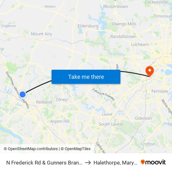 N Frederick Rd & Gunners Branch Rd to Halethorpe, Maryland map