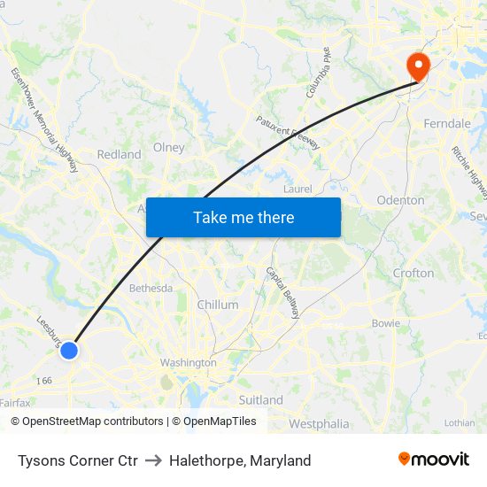 Tysons Corner Ctr to Halethorpe, Maryland map