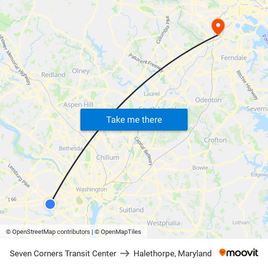 Seven Corners Transit Center to Halethorpe, Maryland map