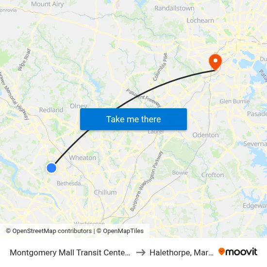 Montgomery Mall Transit Center & Bay A to Halethorpe, Maryland map
