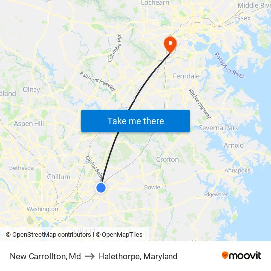 New Carrollton, Md to Halethorpe, Maryland map