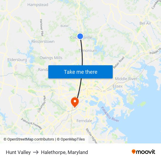 Hunt Valley to Halethorpe, Maryland map