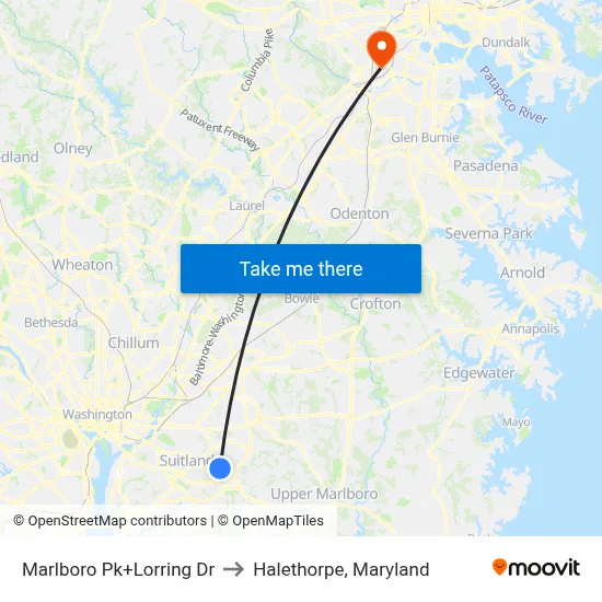 Marlboro Pk+Lorring Dr to Halethorpe, Maryland map