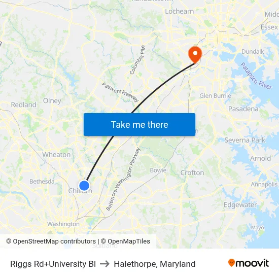 Riggs Rd+University Bl to Halethorpe, Maryland map