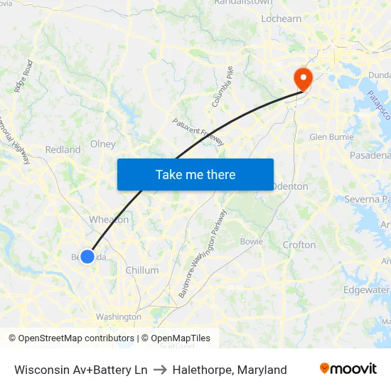 Wisconsin Av+Battery Ln to Halethorpe, Maryland map