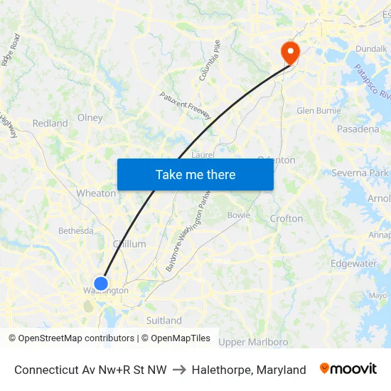 Connecticut Av Nw+R St NW to Halethorpe, Maryland map