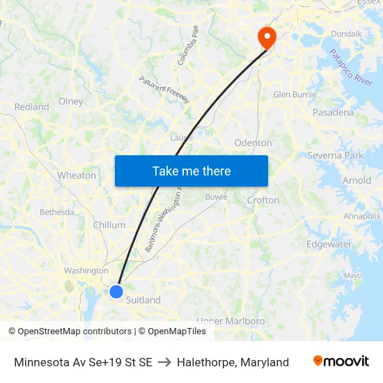 Minnesota Av Se+19 St SE to Halethorpe, Maryland map