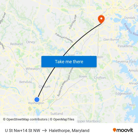 U St Nw+14 St NW to Halethorpe, Maryland map