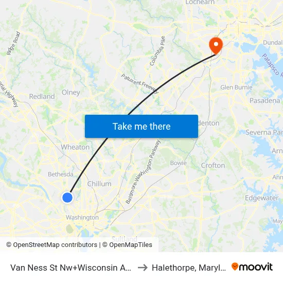 Van Ness St Nw+Wisconsin Av NW to Halethorpe, Maryland map