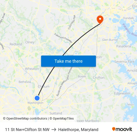 11 St Nw+Clifton St NW to Halethorpe, Maryland map