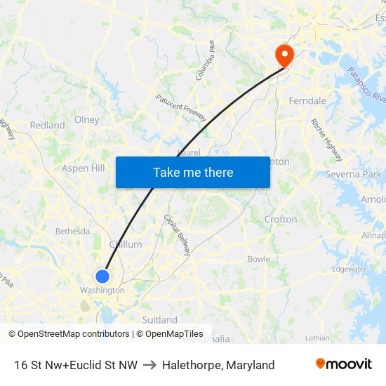 16 St Nw+Euclid St NW to Halethorpe, Maryland map