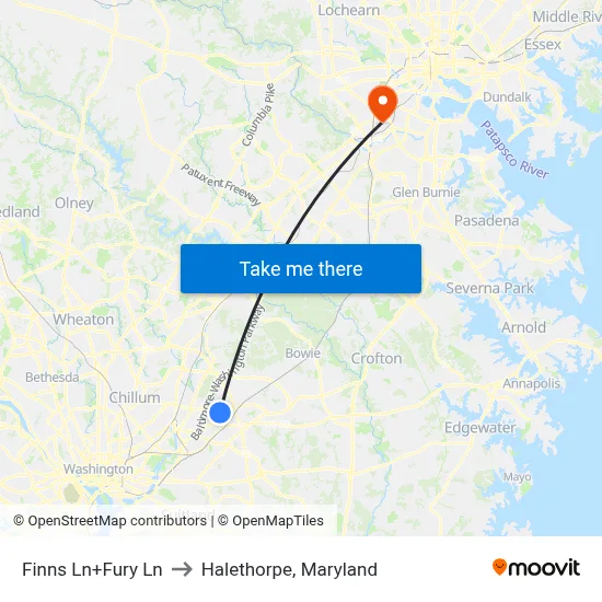 Finns Ln+Fury Ln to Halethorpe, Maryland map
