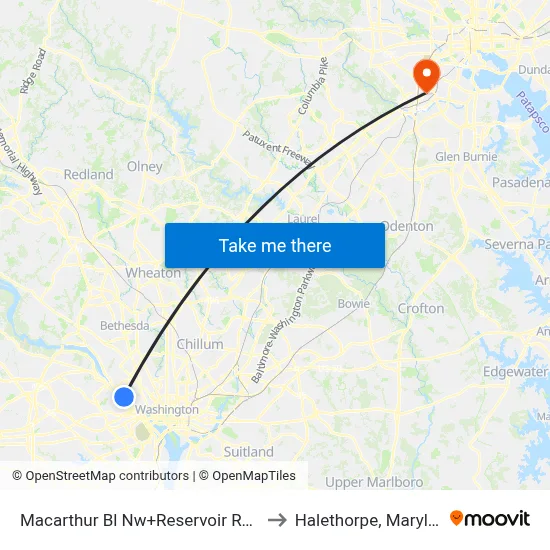 Macarthur Bl Nw+Reservoir Rd NW to Halethorpe, Maryland map
