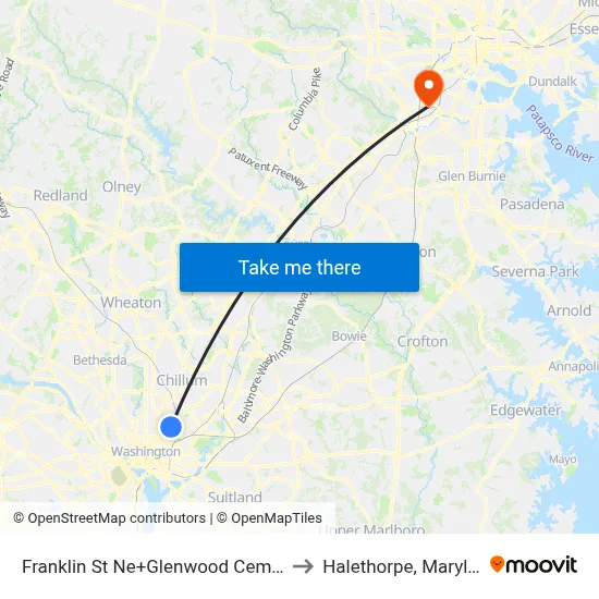 Franklin St Ne+Glenwood Cemetery to Halethorpe, Maryland map