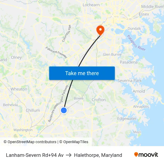 Lanham-Severn Rd+94 Av to Halethorpe, Maryland map