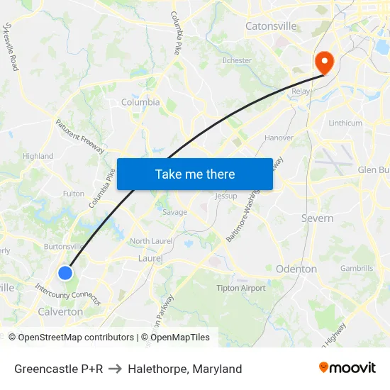 Greencastle P+R to Halethorpe, Maryland map
