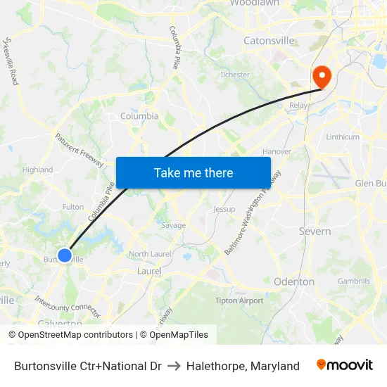 Burtonsville Ctr+National Dr to Halethorpe, Maryland map