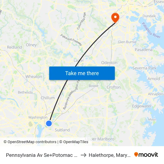 Pennsylvania Av Se+Potomac Av SE to Halethorpe, Maryland map