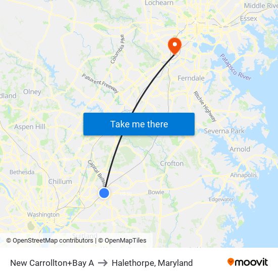New Carrollton+Bus Bay A to Halethorpe, Maryland map