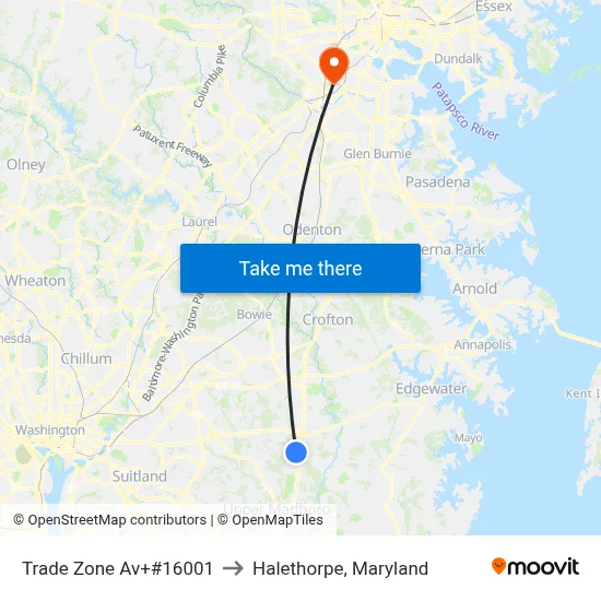 Trade Zone Av+#16001 to Halethorpe, Maryland map