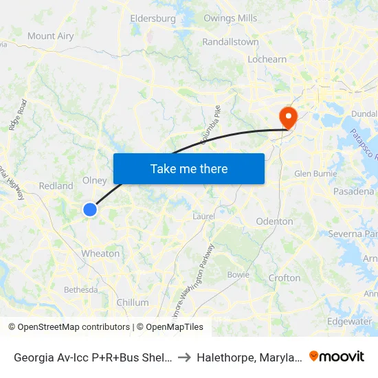 Georgia Av-Icc P+R+Bus Shelter to Halethorpe, Maryland map