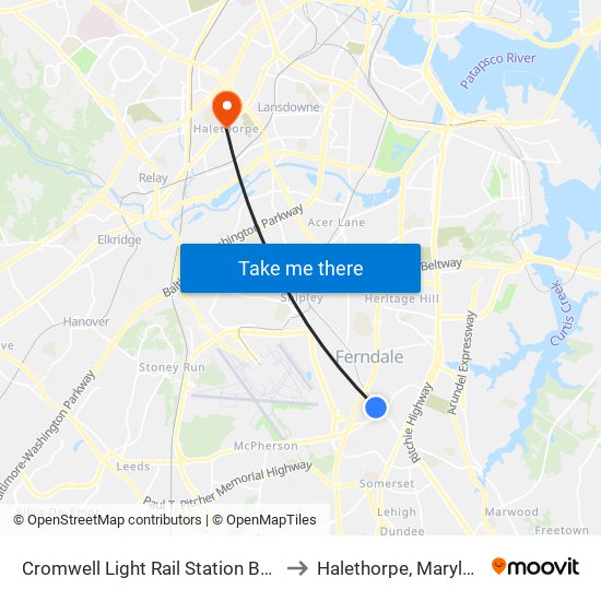 Cromwell Light Rail Station Bay 1 to Halethorpe, Maryland map