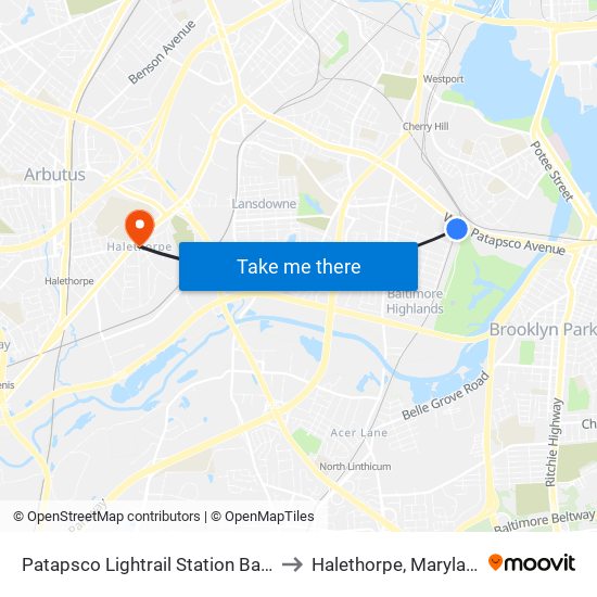 Patapsco Lightrail Station Bay 4 to Halethorpe, Maryland map