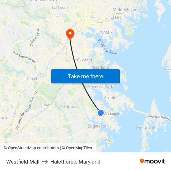 Westfield Mall to Halethorpe, Maryland map