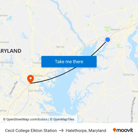 Cecil College Elkton Station to Halethorpe, Maryland map