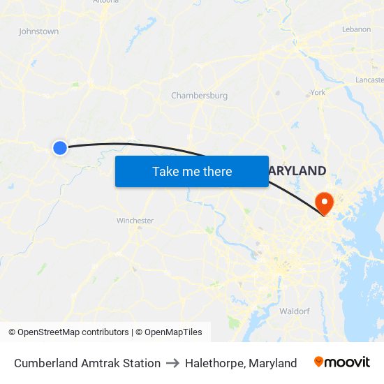 Cumberland Amtrak Station to Halethorpe, Maryland map