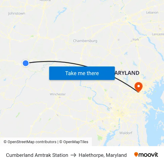 Cumberland Amtrak Station to Halethorpe, Maryland map