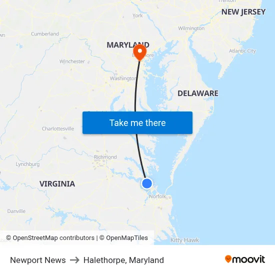 Newport News to Halethorpe, Maryland map