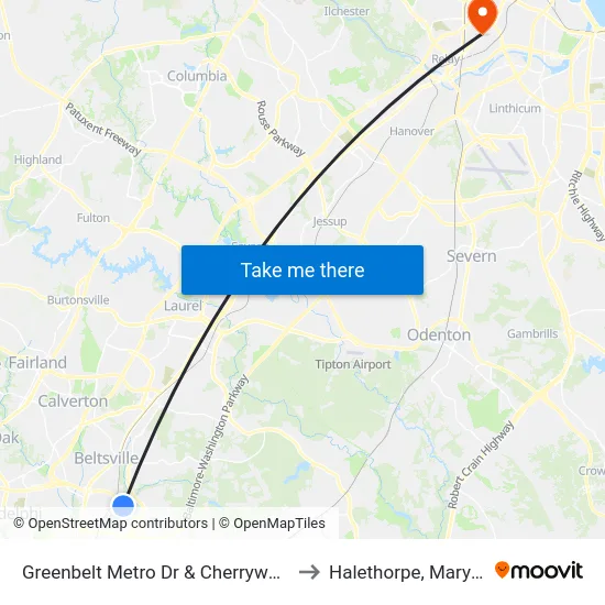 Greenbelt Metro Dr & Cherrywood Ln to Halethorpe, Maryland map