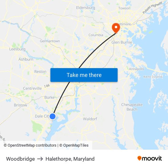 Woodbridge to Halethorpe, Maryland map