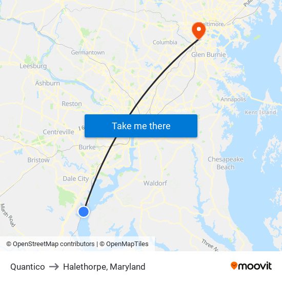 Quantico to Halethorpe, Maryland map