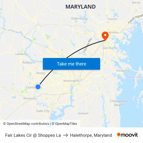 Fair Lakes Cir @ Shoppes La to Halethorpe, Maryland map