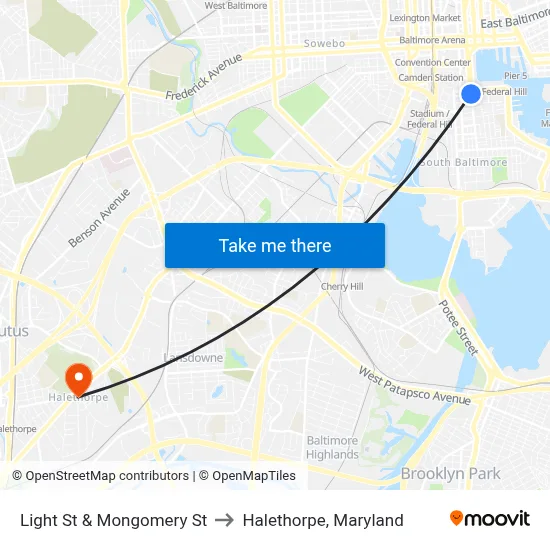 Light St & Mongomery St to Halethorpe, Maryland map