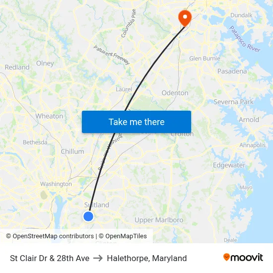 St Clair Dr & 28th Ave to Halethorpe, Maryland map